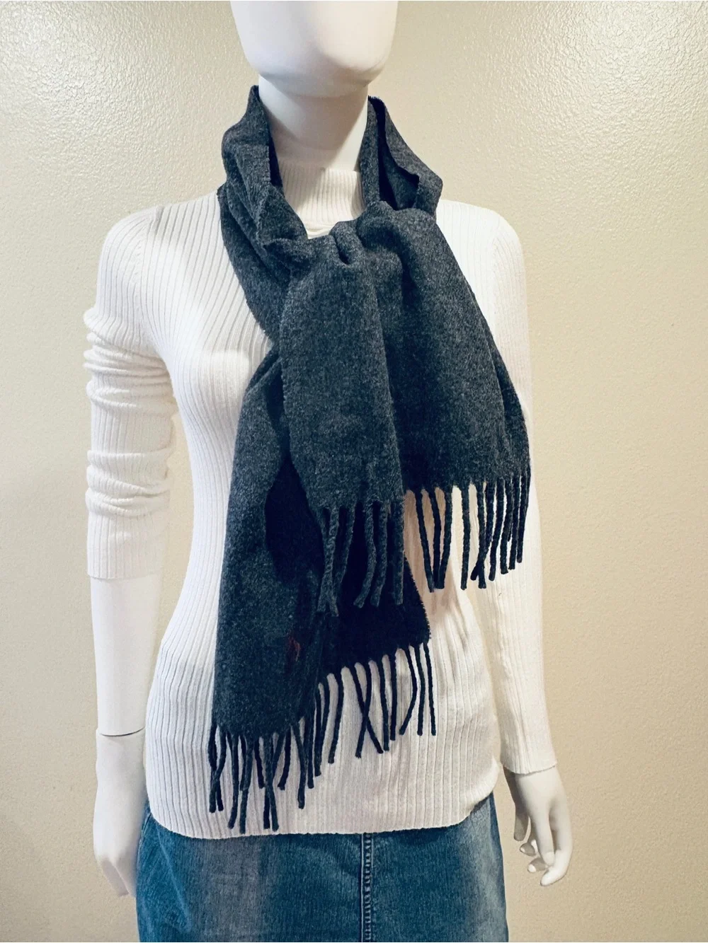 Polo Ralph Lauren Mens Classic Lambswool Scarf Charcoal Grey Wool Fringe Unisex